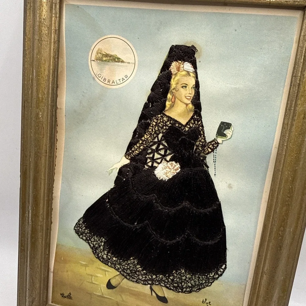 Antique Embroidered Framed Picture Women In Black Gown Signed